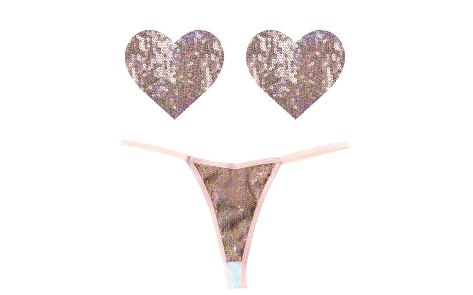 Bubbly Feels Nude Sequin Pantie and Heart Pastie Set - Just for you desires