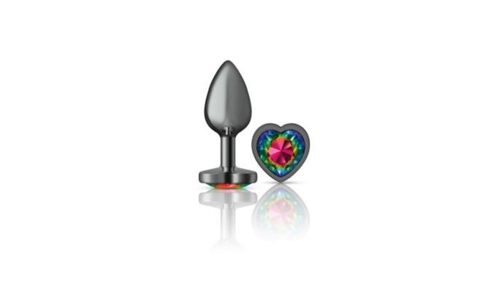 Cheeky Charms Gunmetal  Butt Plug w Heart Rainbow Jewel Small - Just for you desires