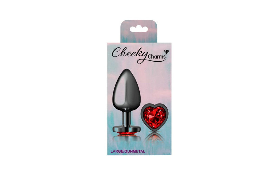 Cheeky Charms Gunmetal  Butt Plug w Heart Red Jewel Medium - Just for you desires