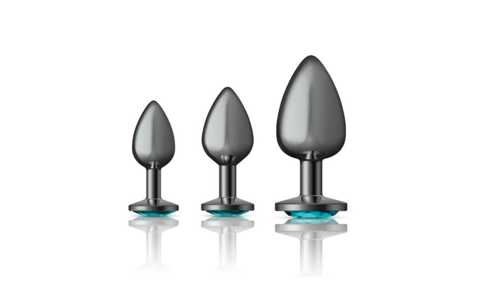 Cheeky Charms Round Metal Butt Plug Gunmetal 3 Pc Kit w Teal Jewel - Just for you desires