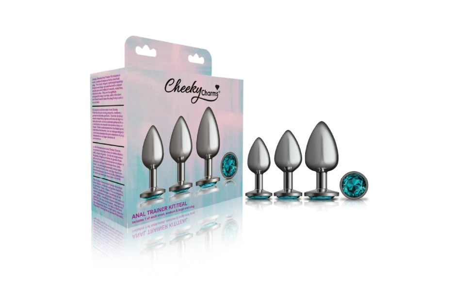 Cheeky Charms Round Metal Butt Plug Gunmetal 3 Pc Kit w Teal Jewel - Just for you desires