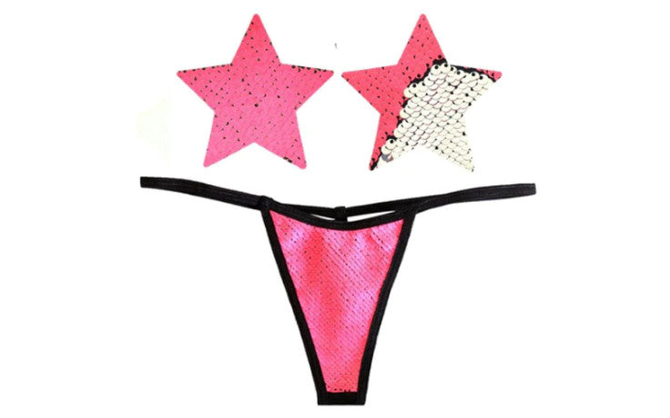 Bitchin Neon Pink and Silver Blacklight Sequin Pastie and Panty Set - Just for you desires