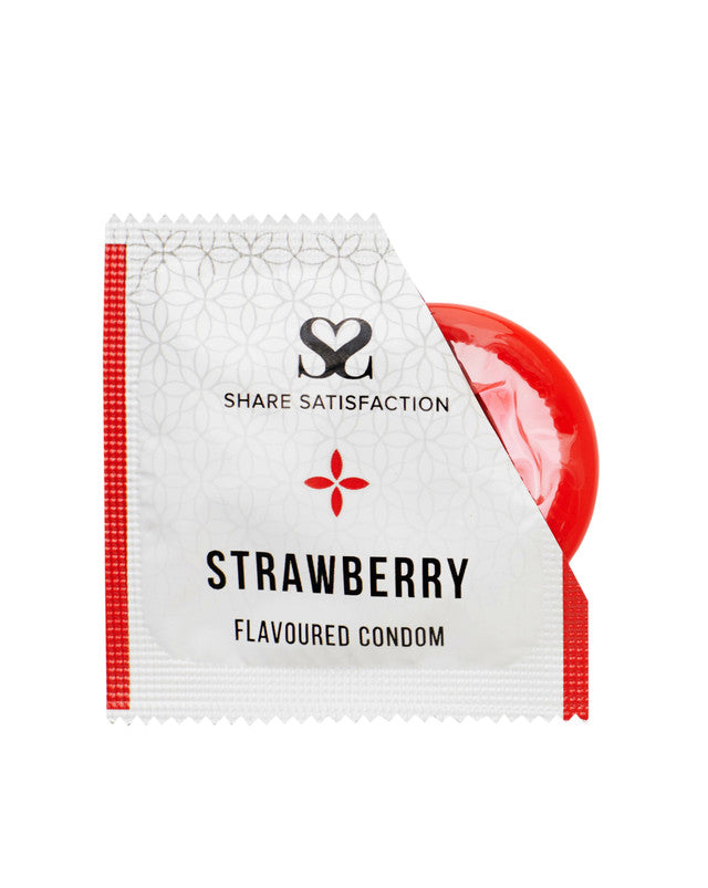270273 - Share Satisfaction Strawberry Flavoured Condoms 100 Bulk Pack - Just for you desires