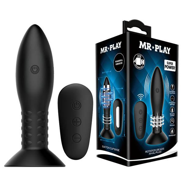 MR PLAY Rotation Beads Anal Plug - Black USB Rechargeable Beaded Butt Plug with Wireless Remote - Just for you desires