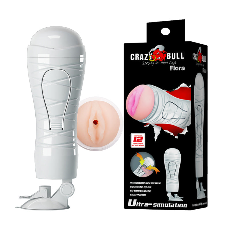 CRAZY BULL FLORA Vibrating Stroker - Flesh USB Rechargeable Vibrating Squeezeable Vagina Stroker with Suction Base - Just for you desires