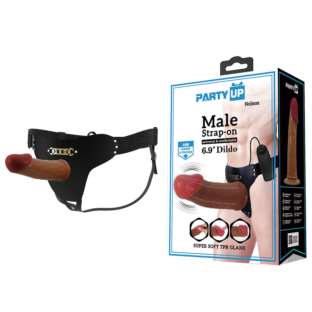 Party Up NELSON Vibrating Strap-On - Brown 17.5 cm Vibrating Hollow Strap-On - Just for you desires