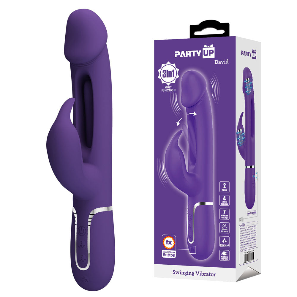 Party Up DAVID Swinging Vibe - Purple - Purple 23.2 cm USB Rechargeable Rabbit Vibrator with Flicking Arm - Just for you desires