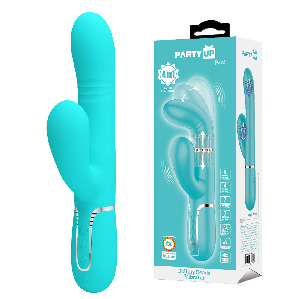 Party Up PAUL Rolling Beads Vibrator - Teal - Teal 22.6 cm USB Rechargeable Thrusting Rabbit Vibrator - Just for you desires