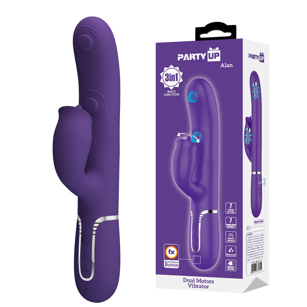 Party Up ALAN Dual Motor Vibrator - Purple - Purple 22.8 cm USB Rechargeable Vibrator with Licking Clit Stimulator and Thumping Shaft - Just for you desires