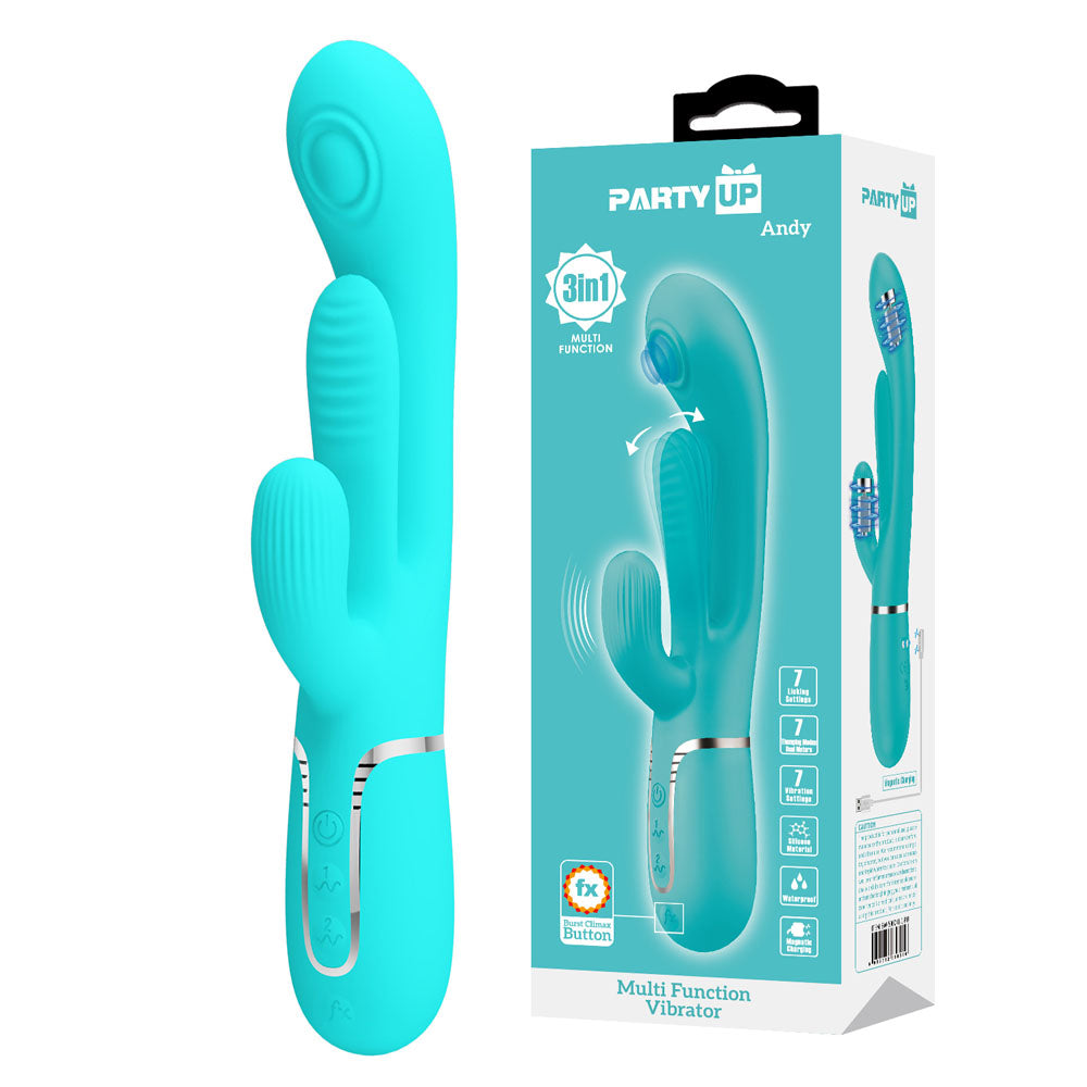 Party Up ANDY Multi Function Vibrator - Teal - Teal 22.2 cm USB Rechargeable Rabbit Vibrator with Flicking and Thumping Tip - Just for you desires