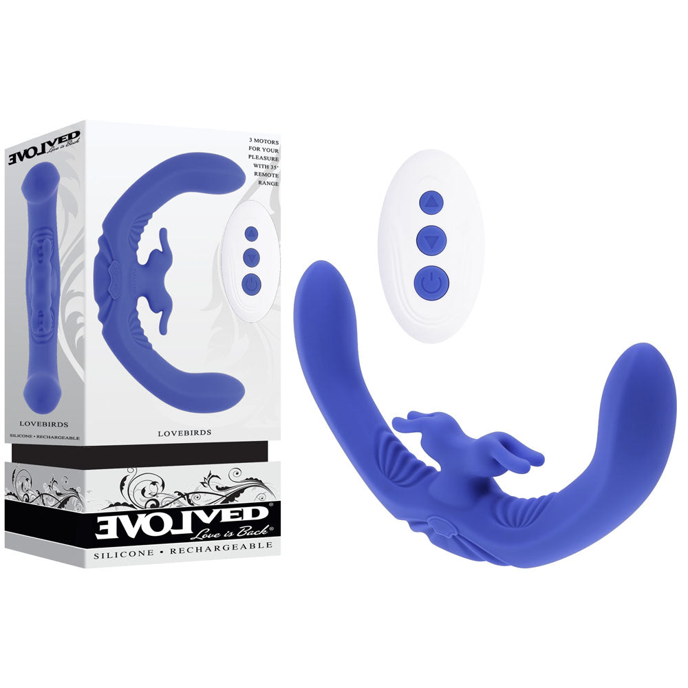Evolved LOVEBIRDS -  20.8 cm USB Rechargeable Double-Ended Rabbit Vibrator with Remote - Just for you desires