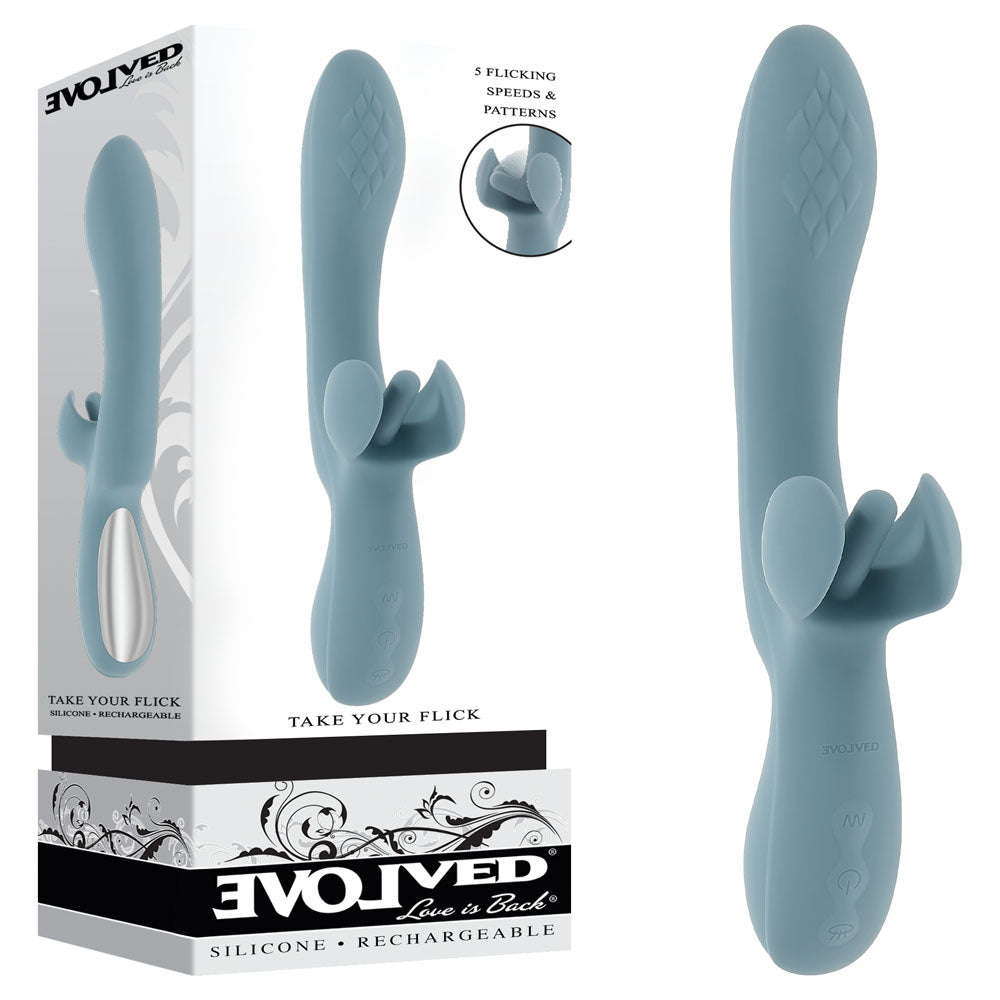 Evolved TAKE YOUR FLICK - Grey 24.1 cm USB Rechargeable Vibrator with Flicking Clitoral Stimulator - Just for you desires