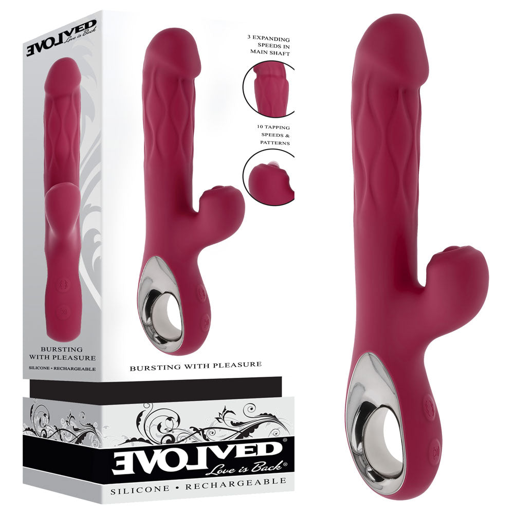 Evolved BURSTING WITH PLEASURE -  25.4 cm USB Rechargeable Vibrator with Tapping Clitoral Stimulator - Just for you desires