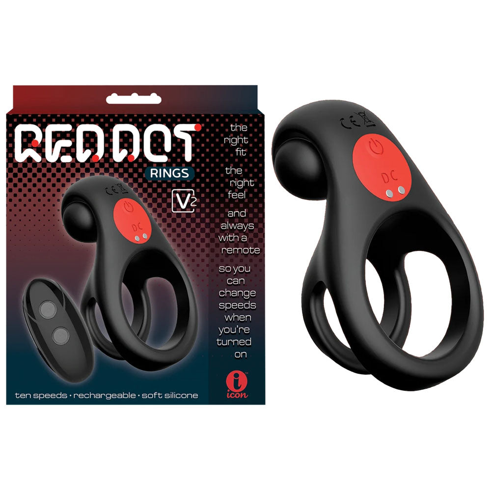 Red Dot Rings - V2 - Black USB Rechargeable Vibrating Cock & Ball Ring with Remote - Just for you desires