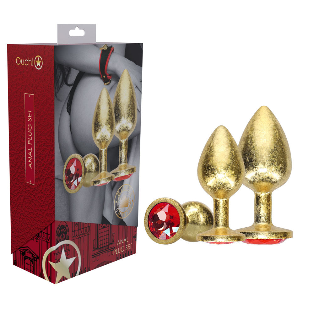 OUCH! Milan Collection - Metal Anal Plug Set - Gold - Gold Butt Plugs with Gem Bases - Set of 3 Sizes - Just for you desires