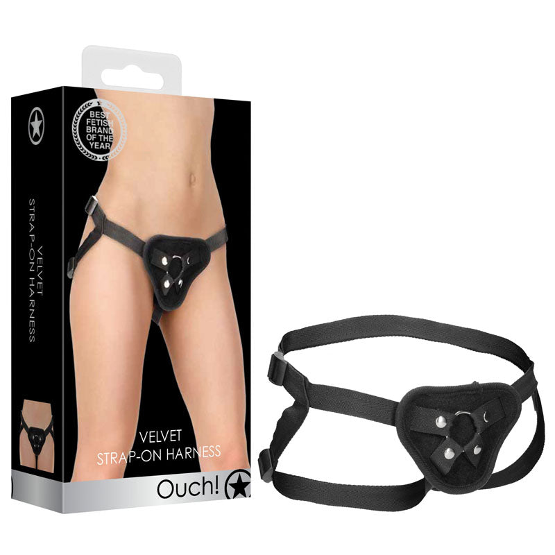 OUCH! Velvet & Velcro Adjustable Harness with O-Ring - Black Strap-On Harness (No Probe Included) - Just for you desires