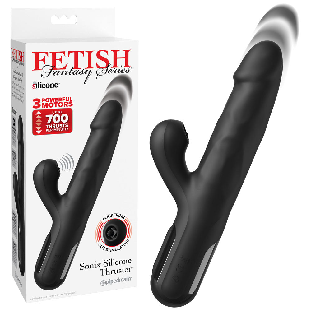 FFS Sonix Silicone Thruster - Black 22 cm USB Rechargeable Thrusting Vibrator with Flicking Clit Stim - Just for you desires
