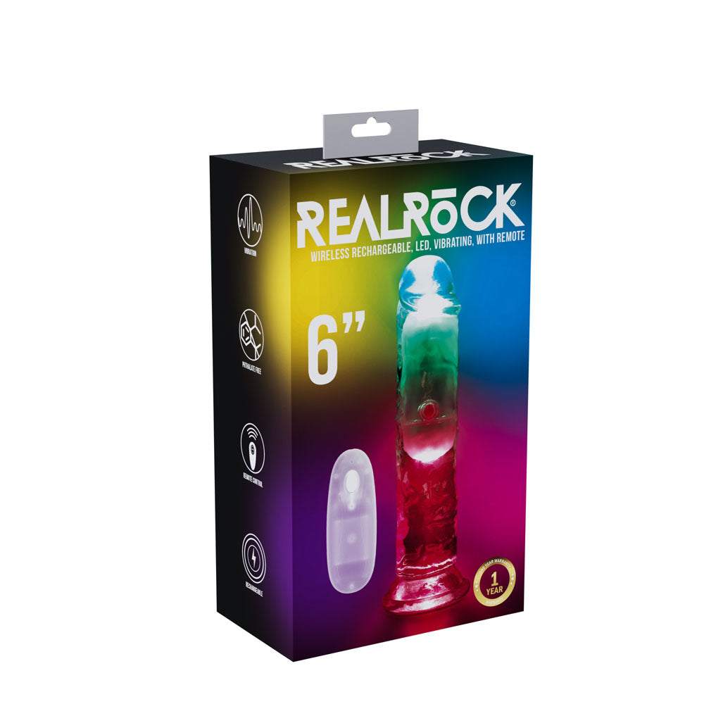 REALROCK 6'' No Balls Wireless Rechargeable LED Vibrating Dong - Clear with LED 16.5 cm USB Rechargeable Vibrating Dong with Remote - Just for you desires