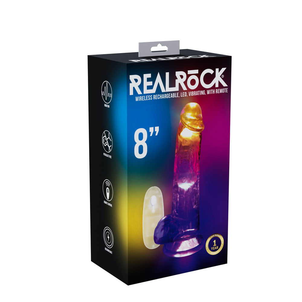 REALROCK 8'' with Balls Wireless Rechargeable LED Vibrating Dong - Clear with LED 22.5 cm USB Rechargeable Vibrating Dong with Remote - Just for you desires
