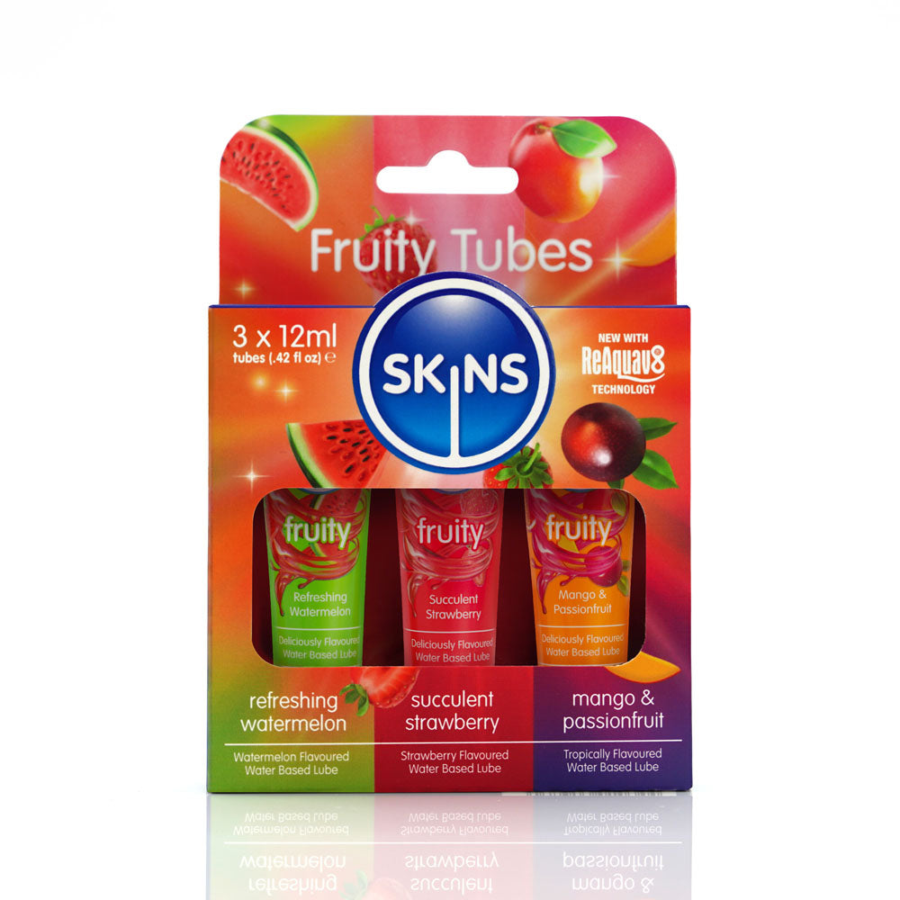 Skins Fruity Tubes - Watermelon, Strawberry, & Mango & Passionfruit Flavoured Lubricants - 12 ml Bottles - Just for you desires