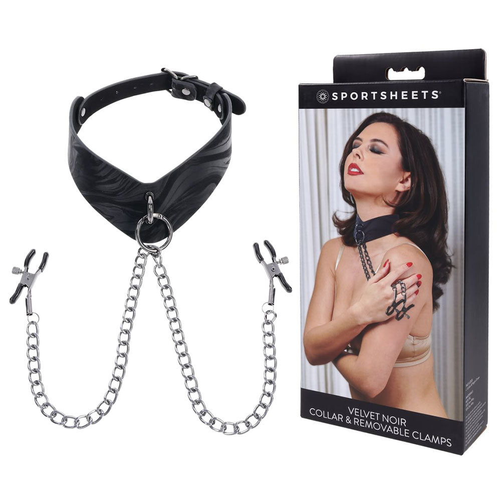 SPORTSHEETS Velvet Noir Collar & Removable Clamps - Black Neck & Nipple Restraints - Just for you desires
