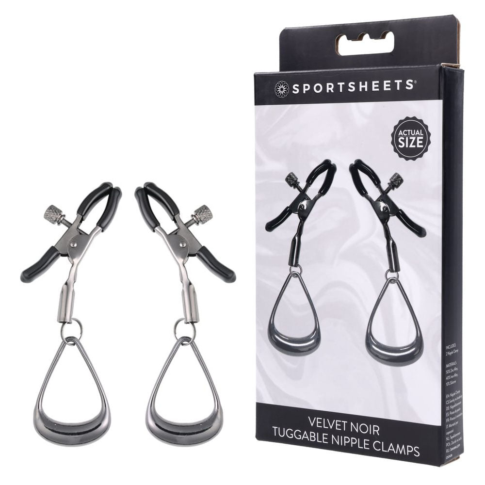 SPORTSHEETS Velvet Noir Tuggable Nipple Clamps - Gunmetal Adjustable Nipple Restraints - Just for you desires