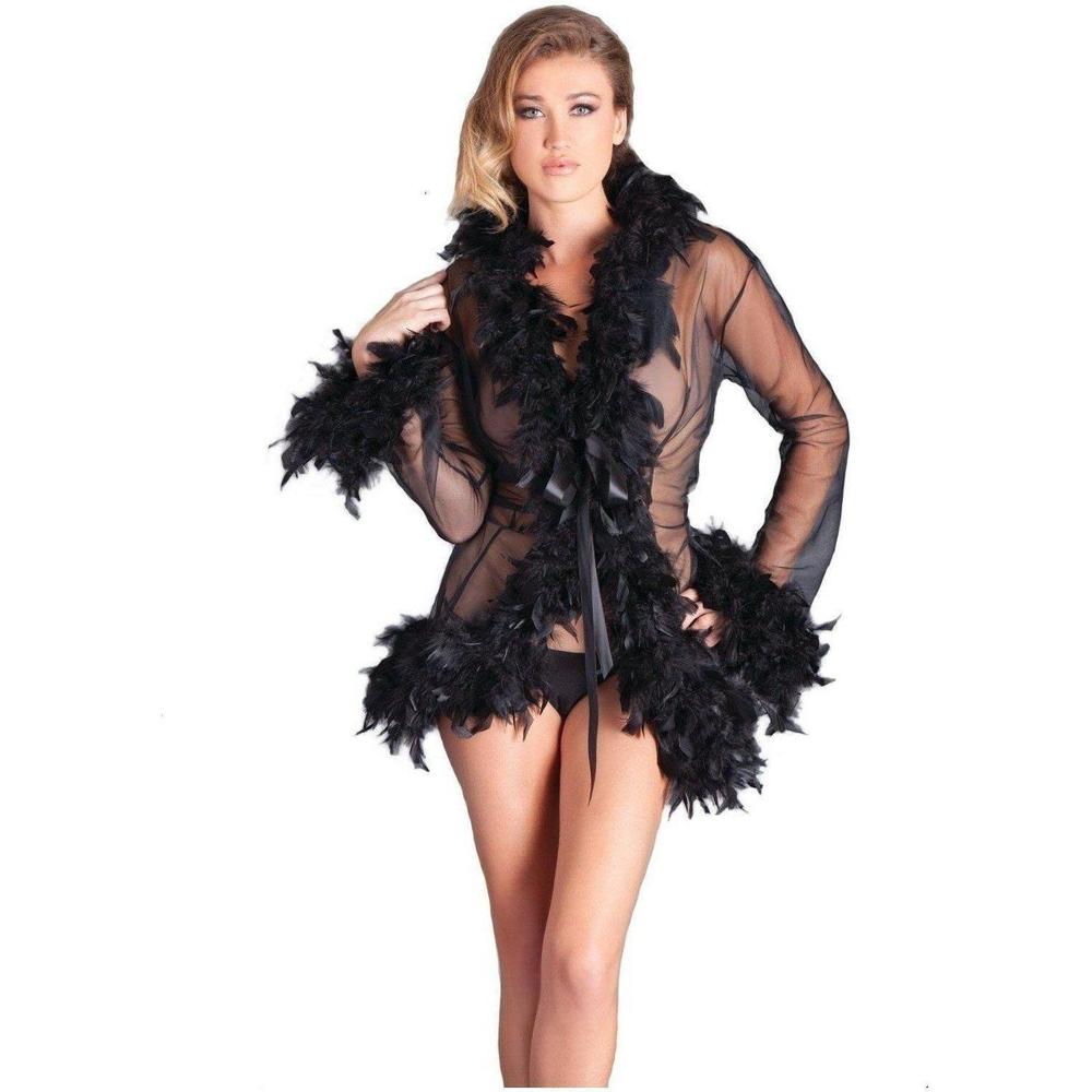 216521 - Knee Length Feather Robe With Ribbon Ties - O/S - Just for you desires