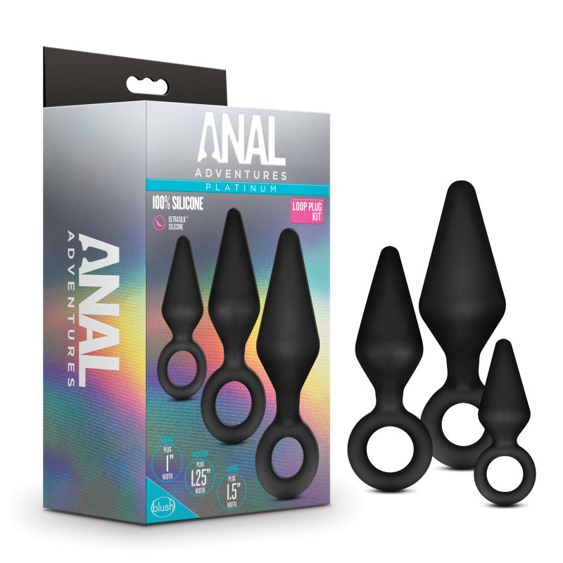 Anal Adventures Platinum Loop Plug Kit - Black Butt Plugs - Set of 3 Sizes - Just for you desires