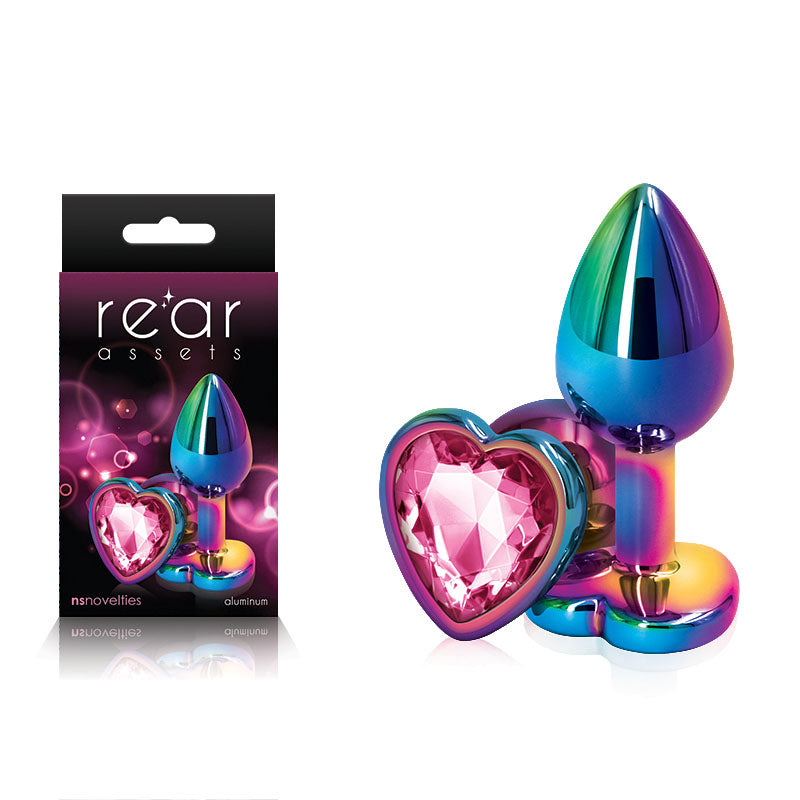 Rear Assets Multi Coloured Heart - Multi Coloured Small Metal Butt Plug with Pink Heart Gem Base - Just for you desires